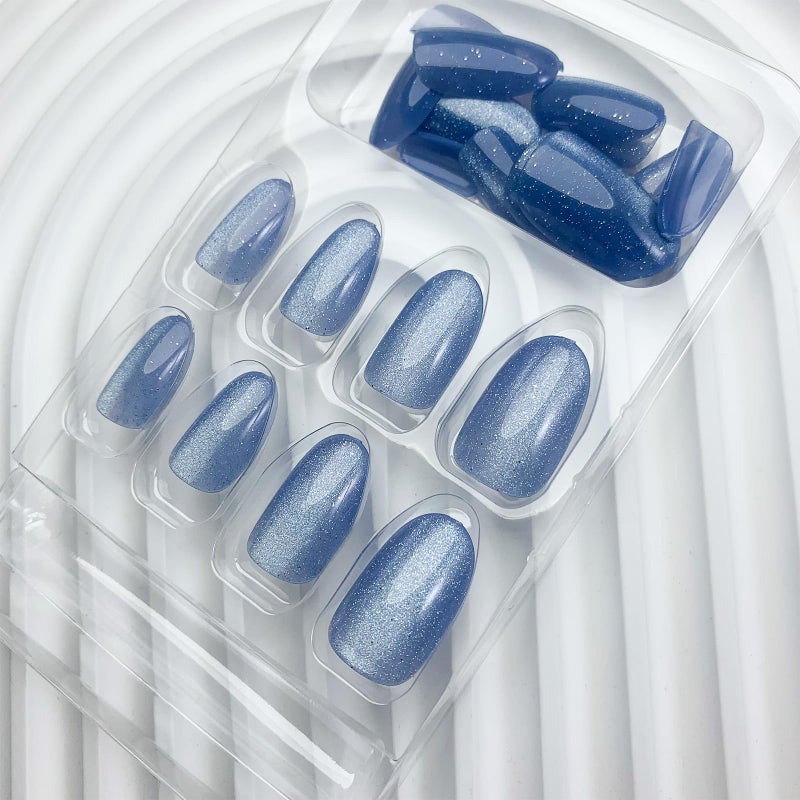 TOGZOM Blue Press on Nails Short Oval Fake Nails Ombre Bling Glitter Acrylic False Nails Shiny Glossy Glue on Nails Short Almond Nails Kit for Women Manicure Art 24 Pcs - Image 3
